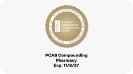 The PCAB logo and accreditation seal. PCAB Compounding Pharmacy. Expires November 8, 2027.