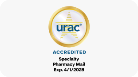 The URAC logo and accreditation seal. Specialty Pharmacy Mail. Expires April 1, 2028.