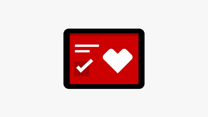 Pictogram of a tablet screen with a checkmark and CVS heart, to indicate digital tools for members