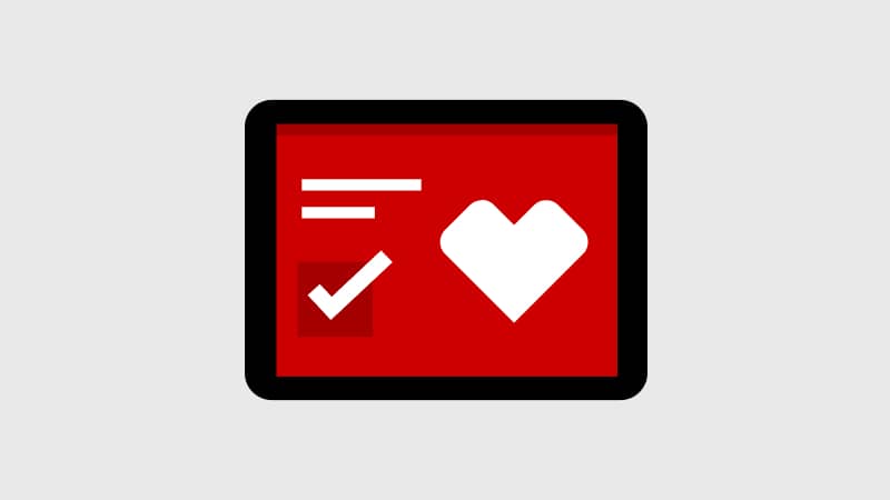 Pictogram of a tablet screen with a checkmark and CVS heart
