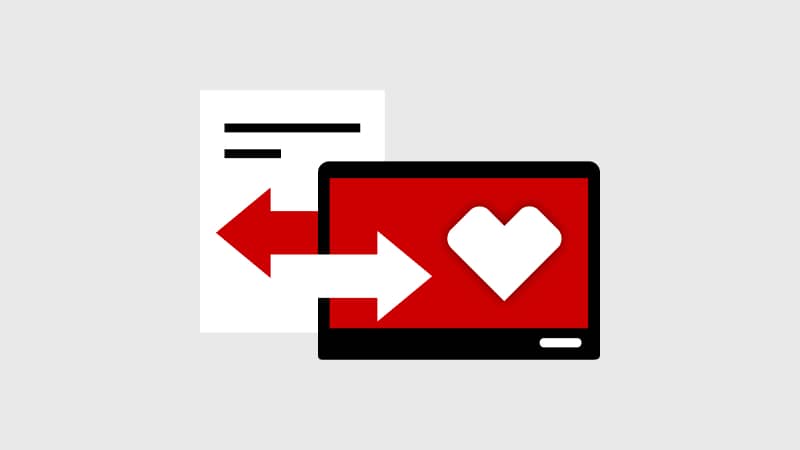 Pictogram of EHR compatibility with arrows to and from a page and a screen with a CVS heart