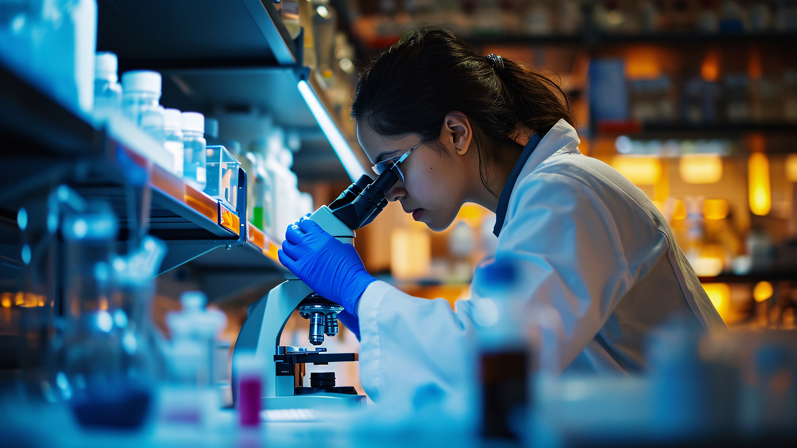 A scientist looking through a microscope in a lab