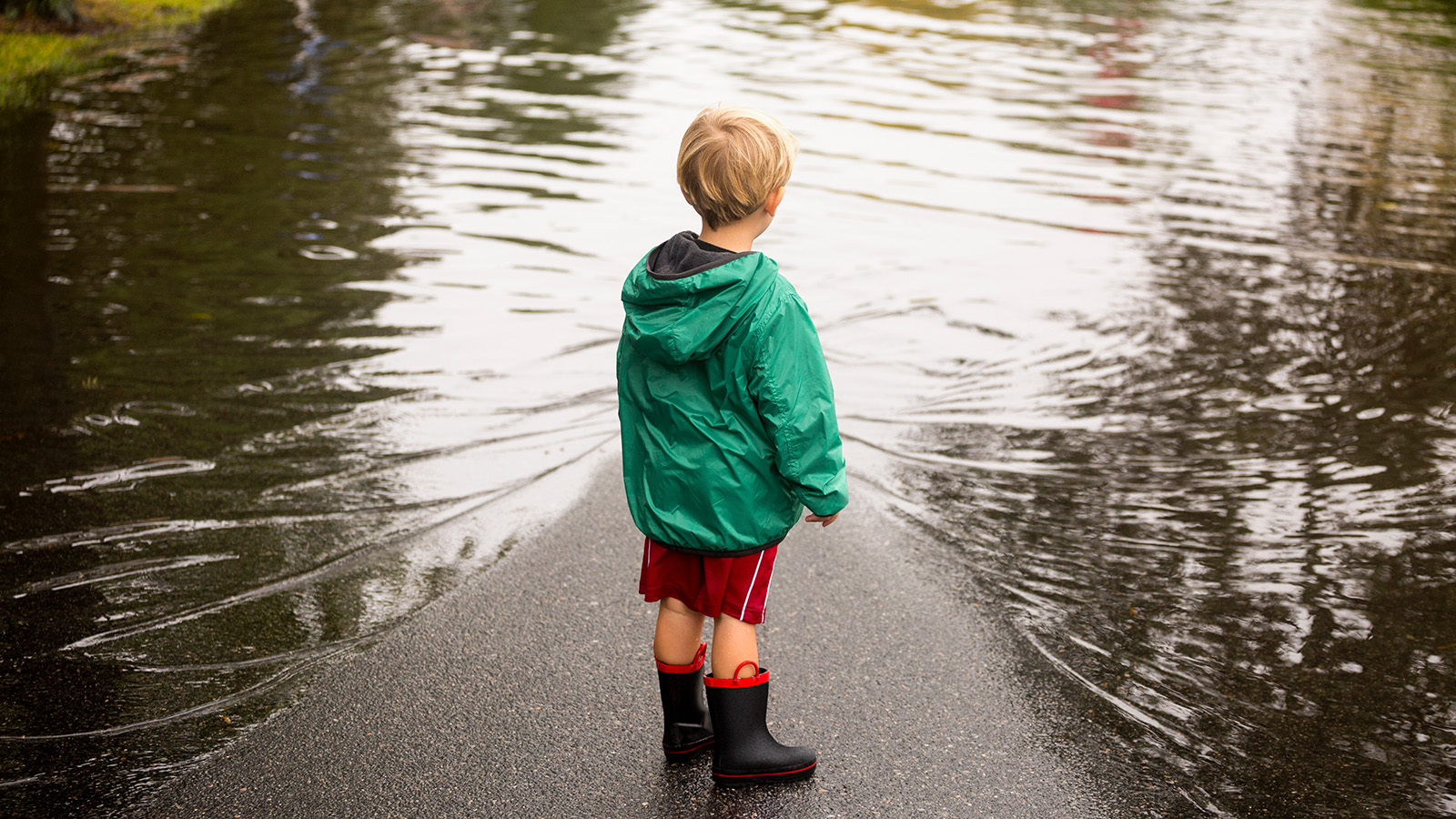 A child stands in a flooded area, wearing a green raincoat and boots, observing the water around them with curiosity.